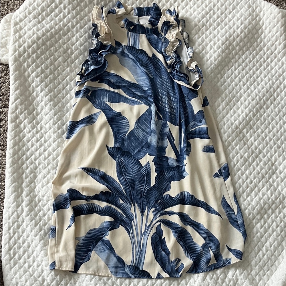 TCEC Cream and Navy Blue Tropical Mini Dress